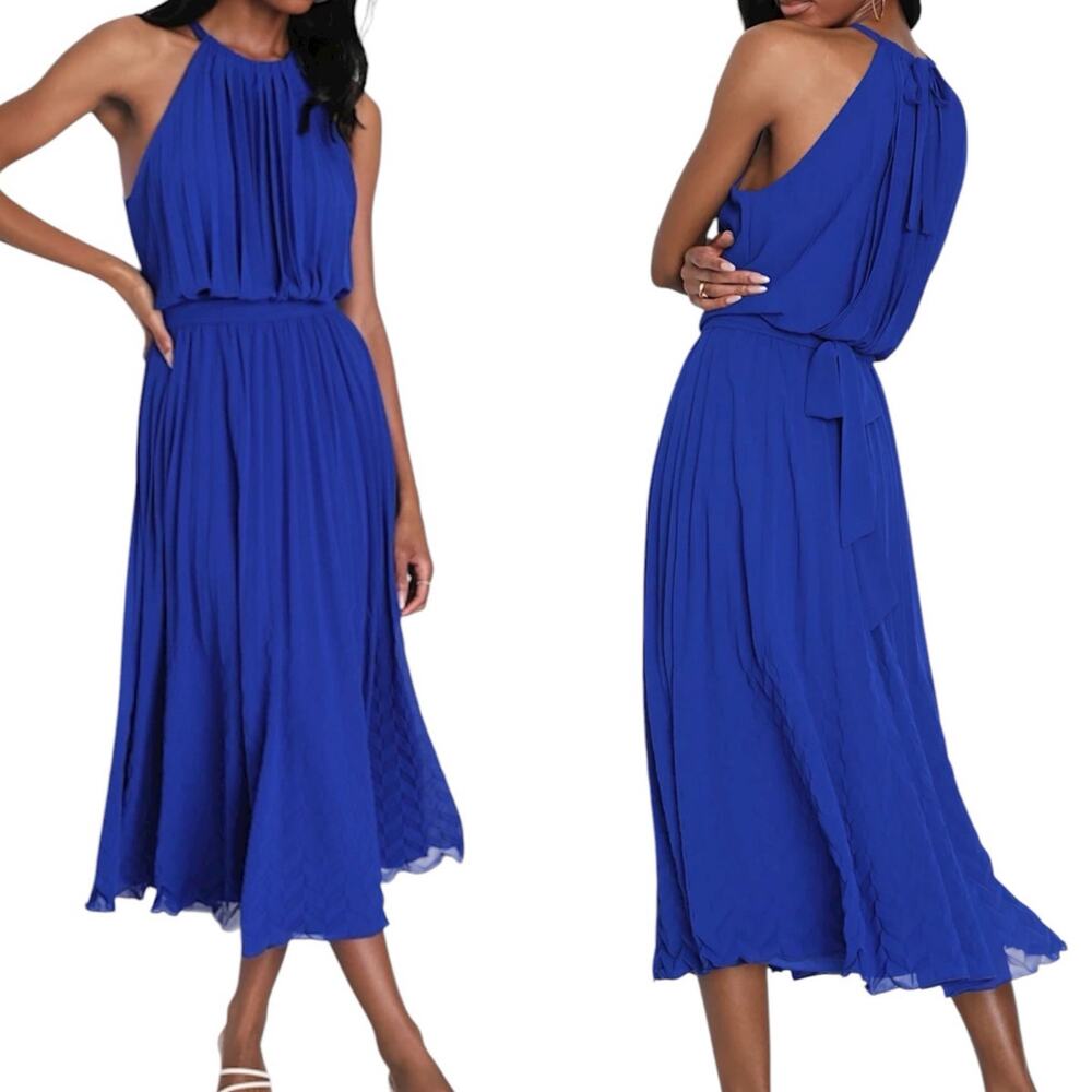 Lulus Gorgeous Day Cobalt Blue Pleated Halter Midi Dress Small New with tags